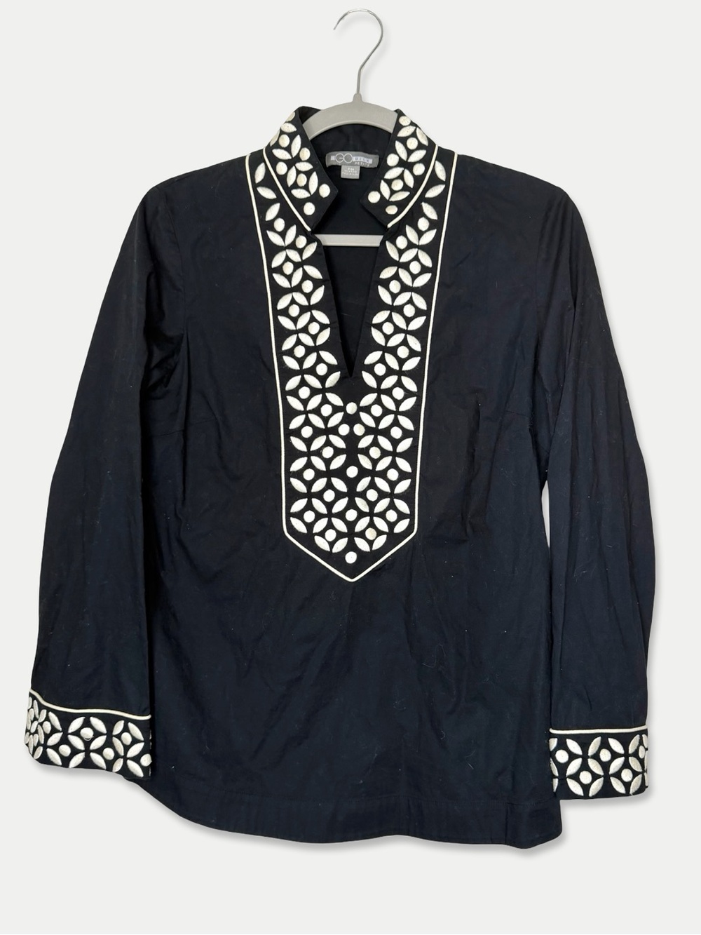 Go Silk Petite Black Embroidered Tunic Blouse PM Cotton Stretch Boho
